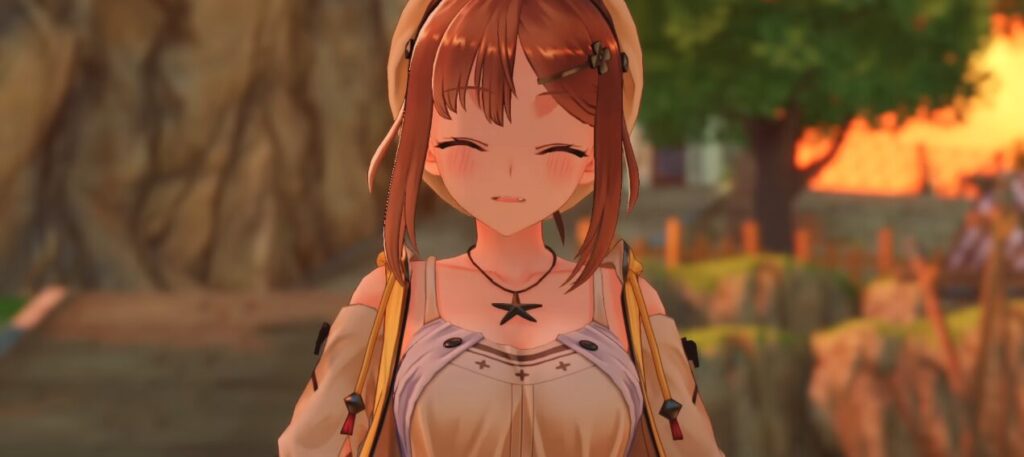 ライザのアトリエDXに登場するライザリン・シュタウトの笑顔シーン。温かい夕陽に包まれた感動的なカットで、シリーズの成長を象徴する表情